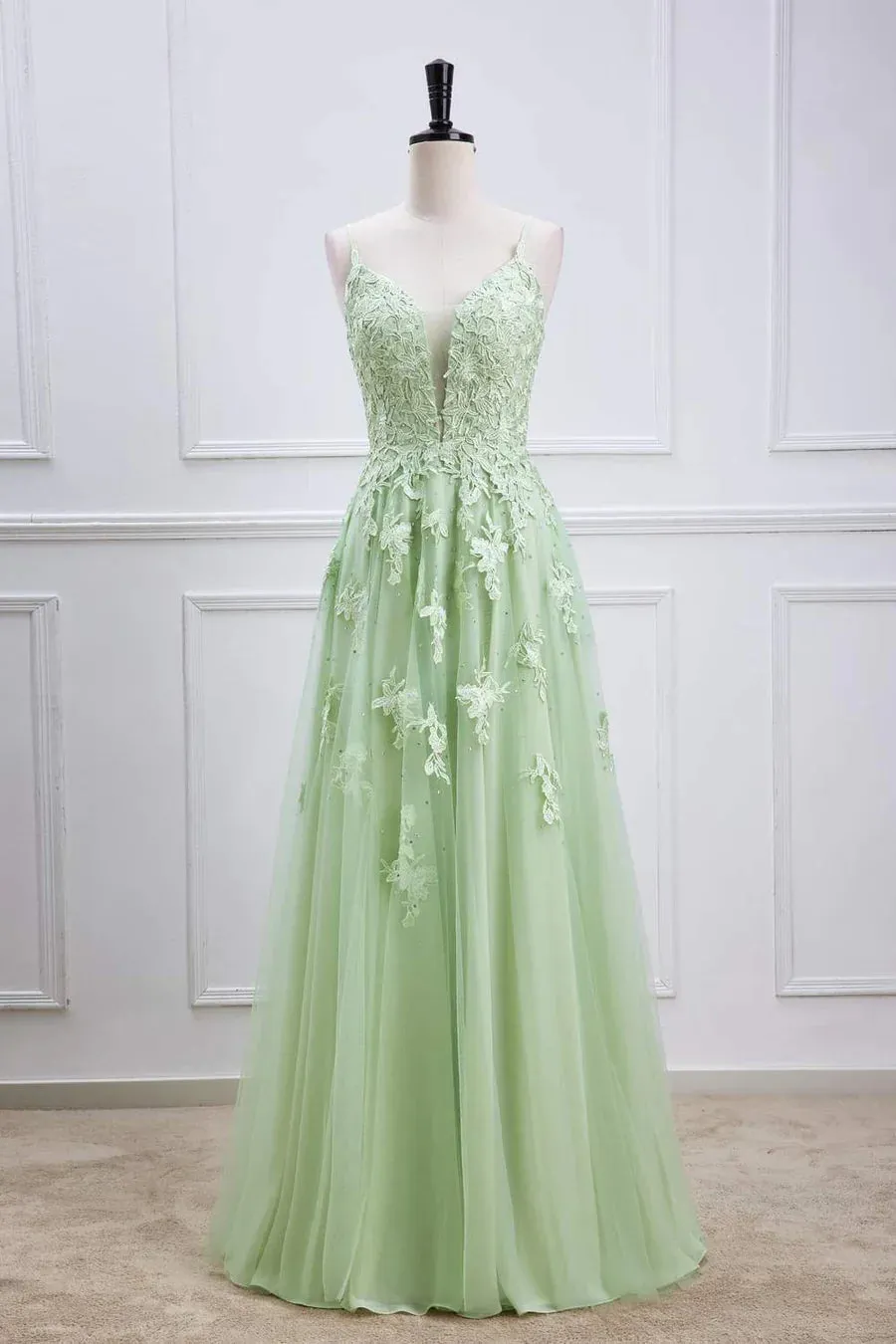 Sage Green Long Prom Dresses Lace Appliques V Neck Lace-Up