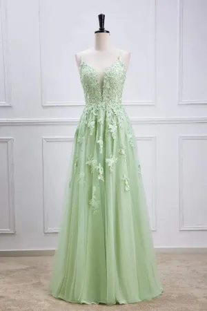 Sage Green Long Prom Dresses Lace Appliques V Neck Lace-Up