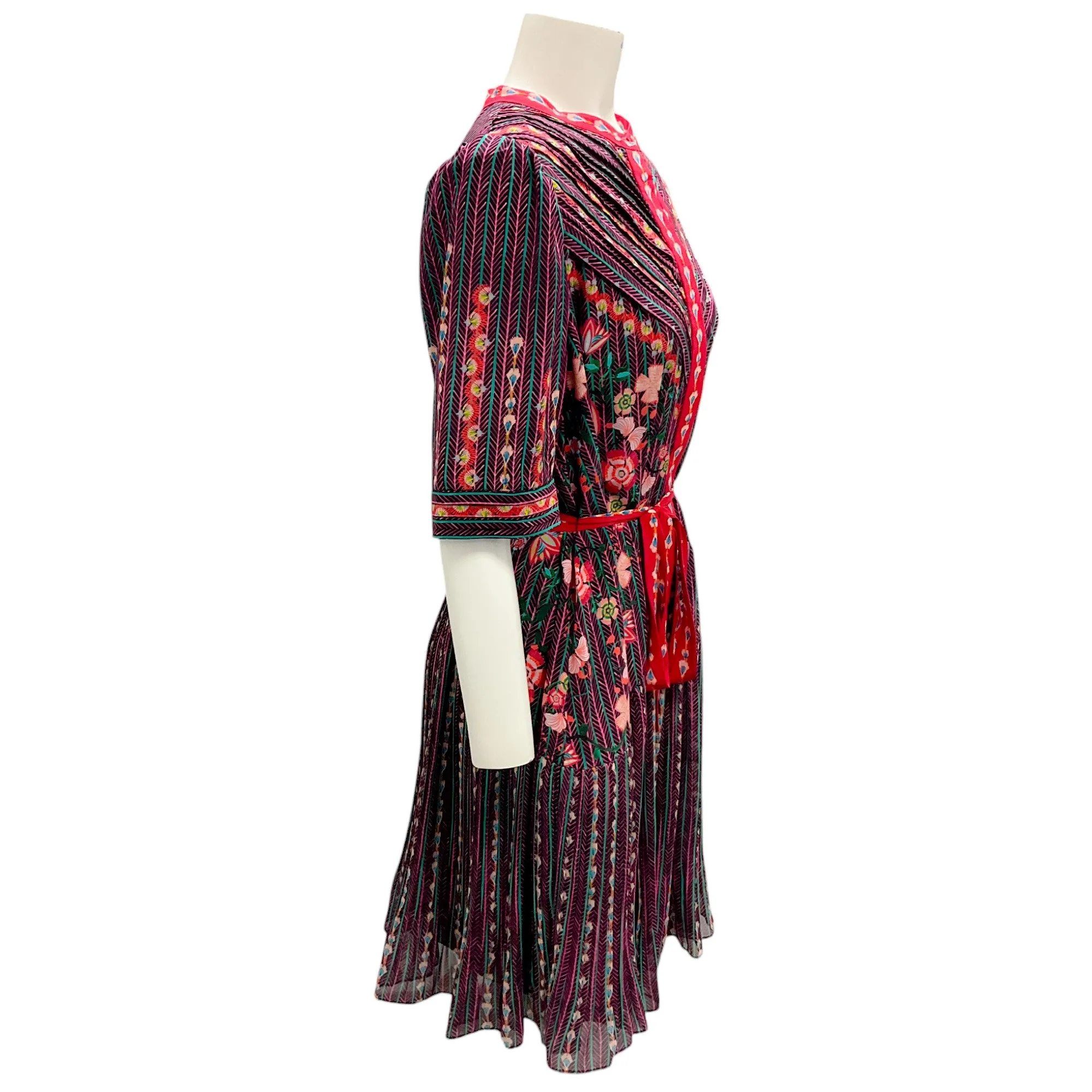 Saloni Plum Multi Feather Stitch Print Silk Crepe de Chine Ally Dress