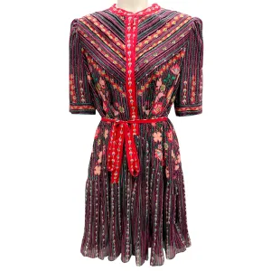 Saloni Plum Multi Feather Stitch Print Silk Crepe de Chine Ally Dress