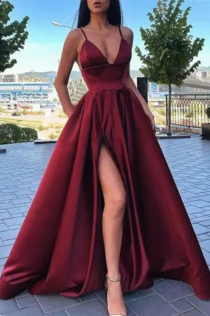 Satin A-line V-neck Spaghetti Straps Long Prom Dresses With High Split, MP648
