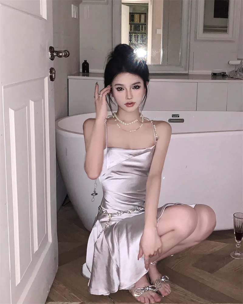 SATIN SILVER SLIP DRESS KF83755