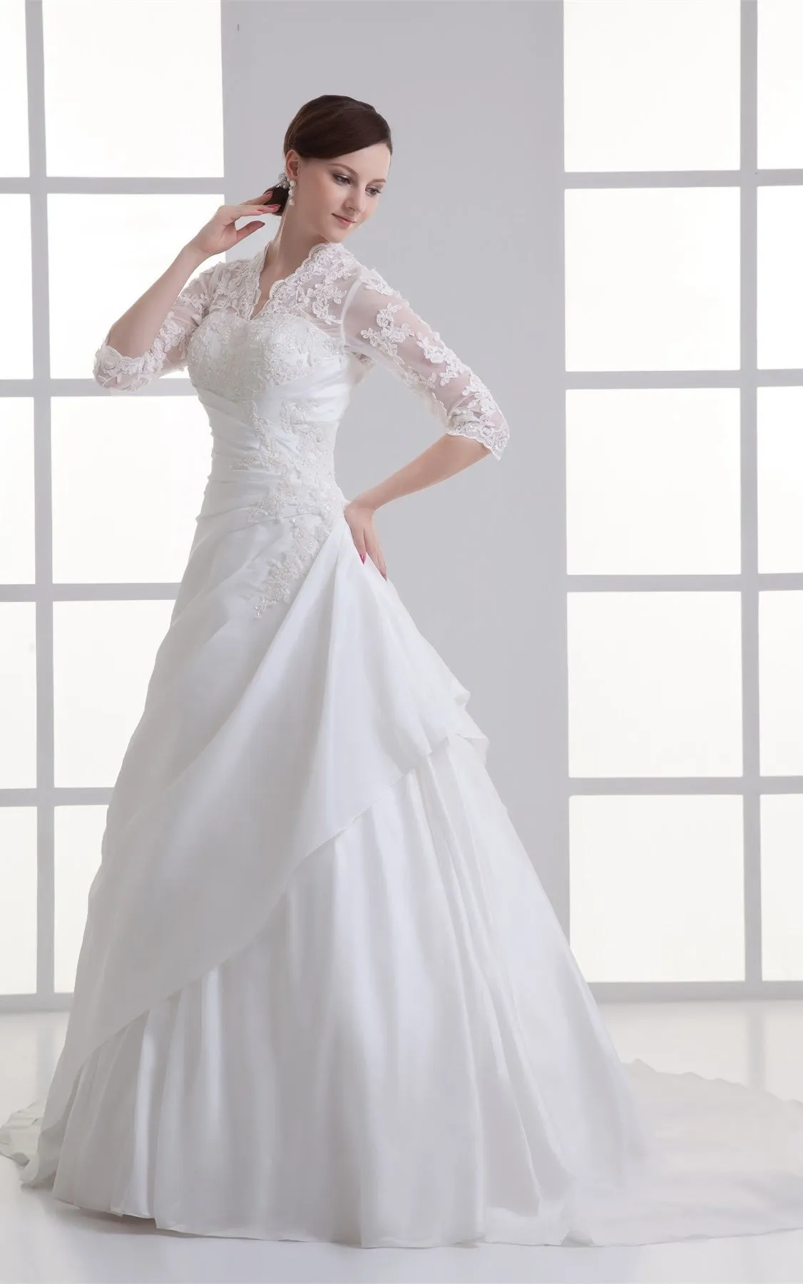 scalloped-neck lace ball a-line half-sleeve gown with beading-GC_707406