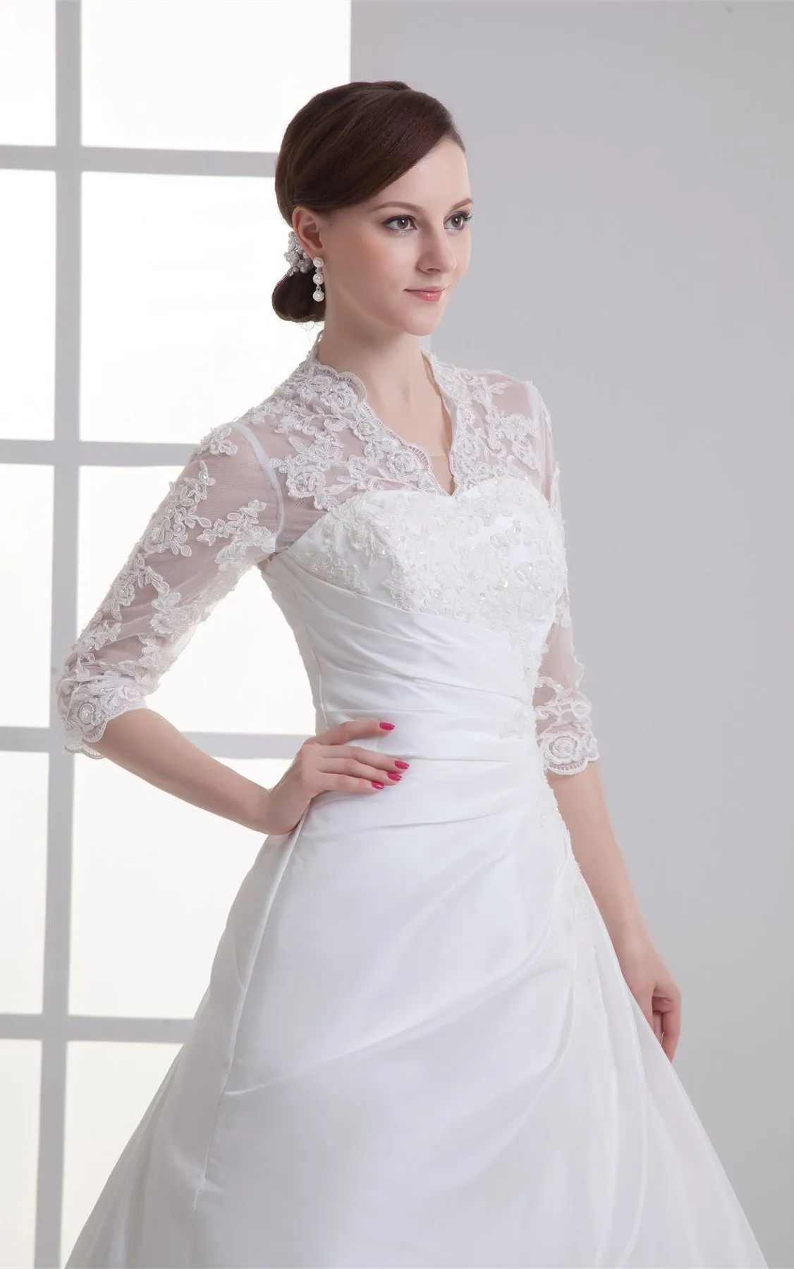 scalloped-neck lace ball a-line half-sleeve gown with beading-GC_707406