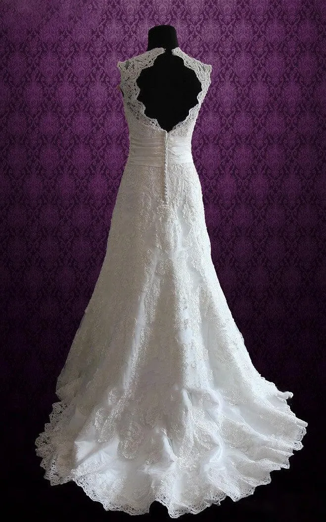 Scalloped Sleeveless Keyhole Back Long Lace Wedding Dress With Sash And Ruching-711297