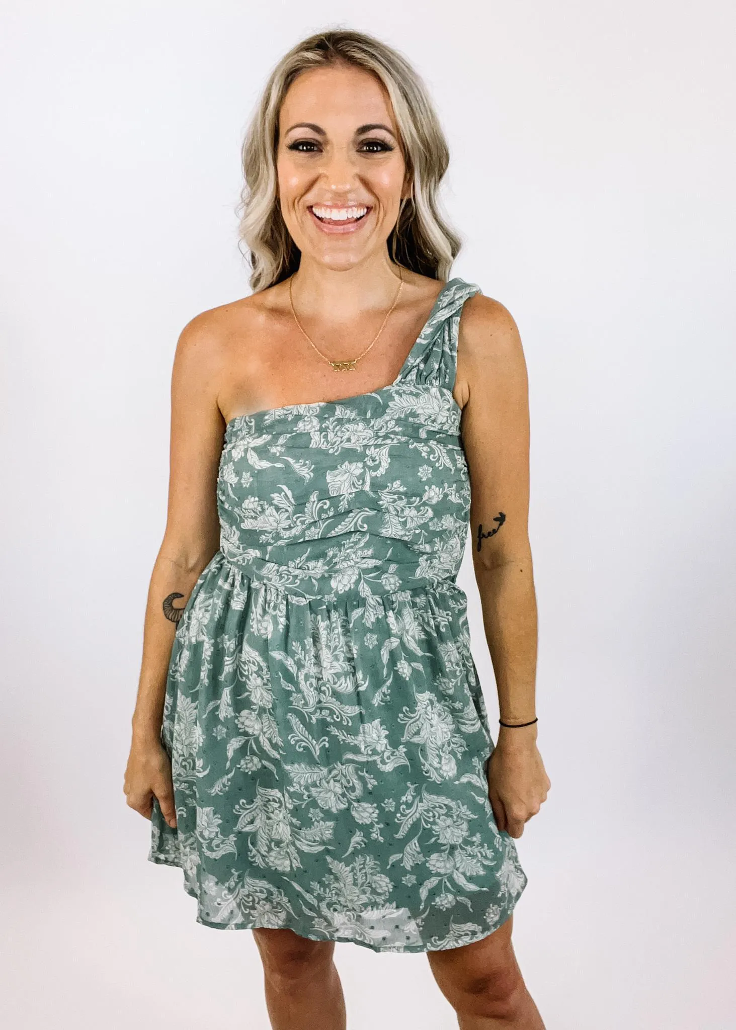 Seagrass Paisley One Shoulder Mini Dress