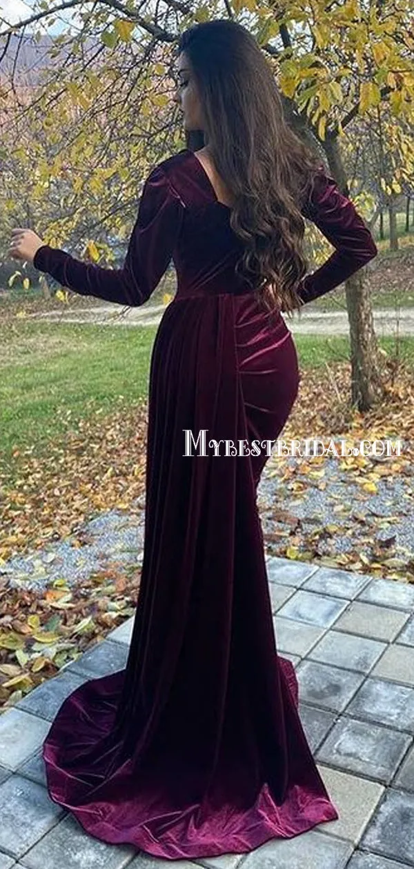 Sexy Burgundy V-neck Side Slit Velve Evening Long Prom Dresses Online,PDY0119