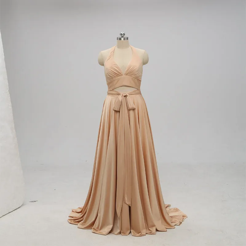 Sexy Gold Halter V-neck Backless Long Cheap Bridesmaid Dresses Online, TYP1074