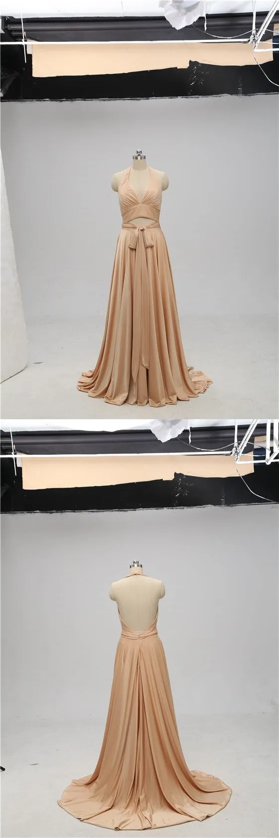 Sexy Gold Halter V-neck Backless Long Cheap Bridesmaid Dresses Online, TYP1074