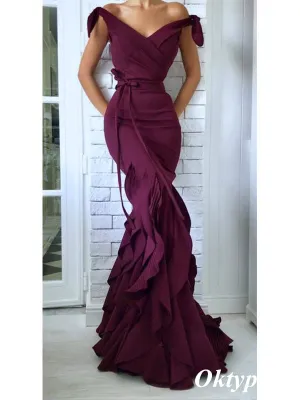 Sexy  Jersey Mermaid Off Shoulder V-Neck Stretchy Long Formal Prom Dresses, PDS0990