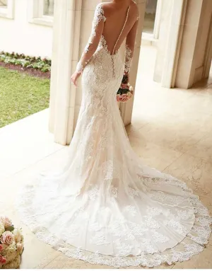 Sexy Lace Mermaid Wedding Dresses with Long Sleeves Sheer Back