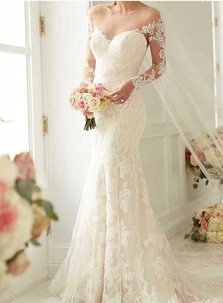 Sexy Lace Mermaid Wedding Dresses with Long Sleeves Sheer Back