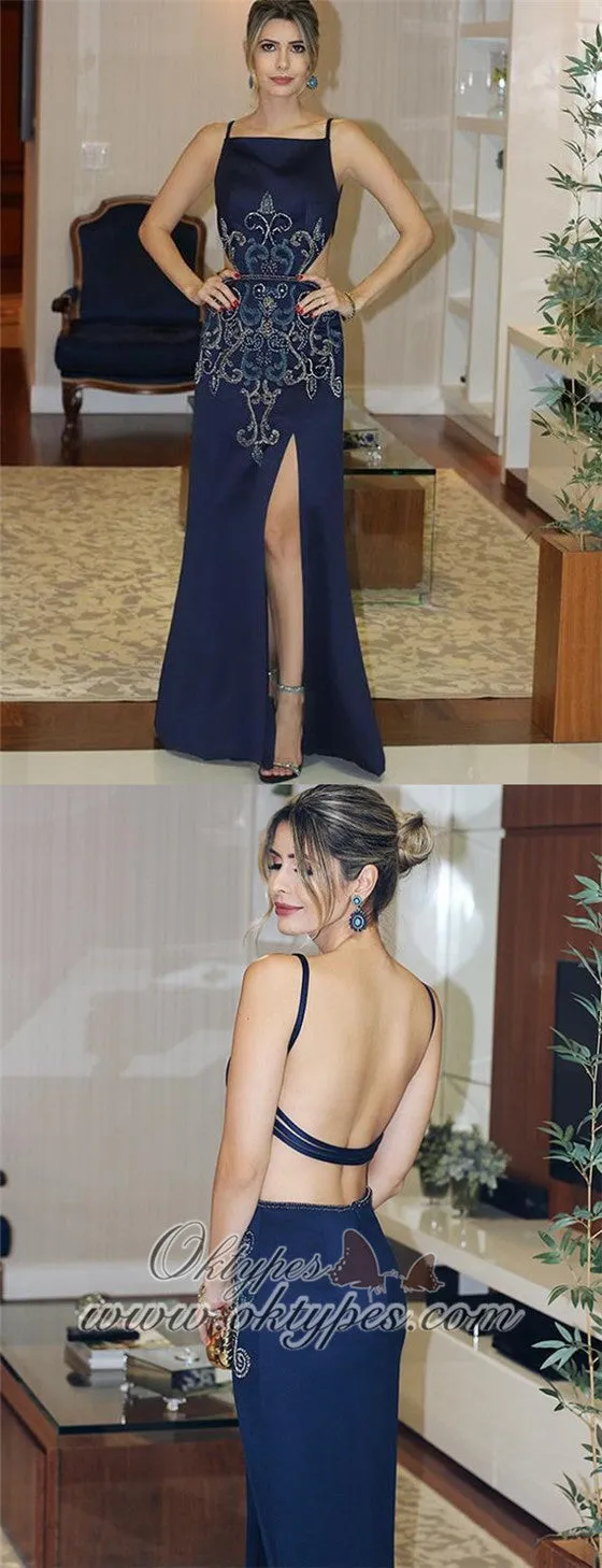 Sexy Navy Blue Backless Long Satin Slit Prom Dresses with Beaded, TYP1607