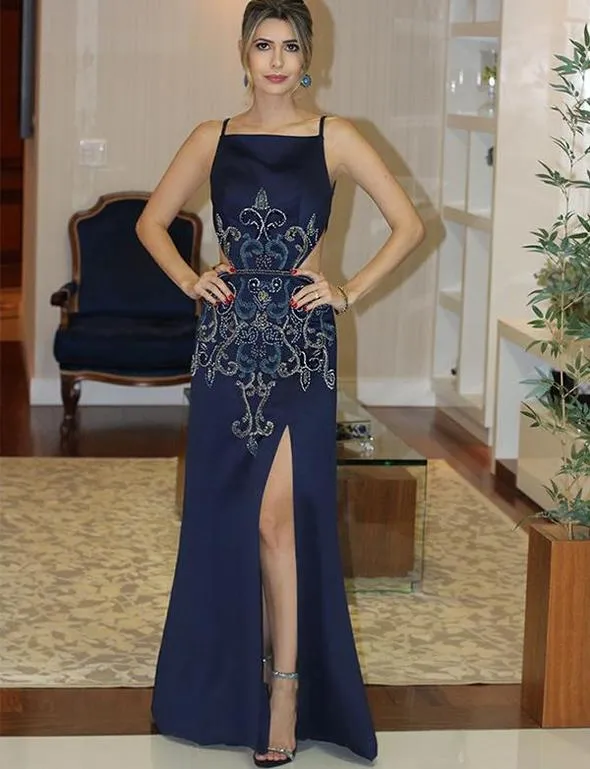 Sexy Navy Blue Backless Long Satin Slit Prom Dresses with Beaded, TYP1607