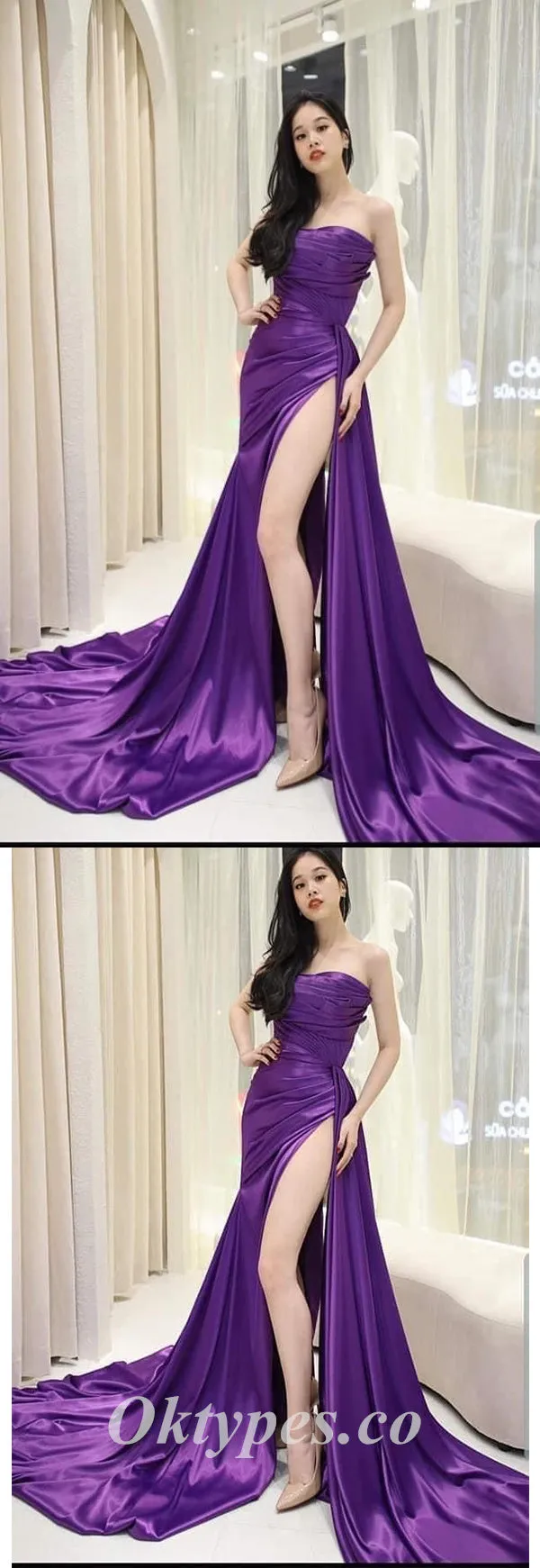 Sexy Purple Satin Sweetheart Sleeveless Side Slit Mermaid Long Prom Dresses ,PDS0620