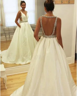 Sexy Satin Wedding Dresses with Beaded Belt Sexy New V-Neck Bridal Gowns Open Back