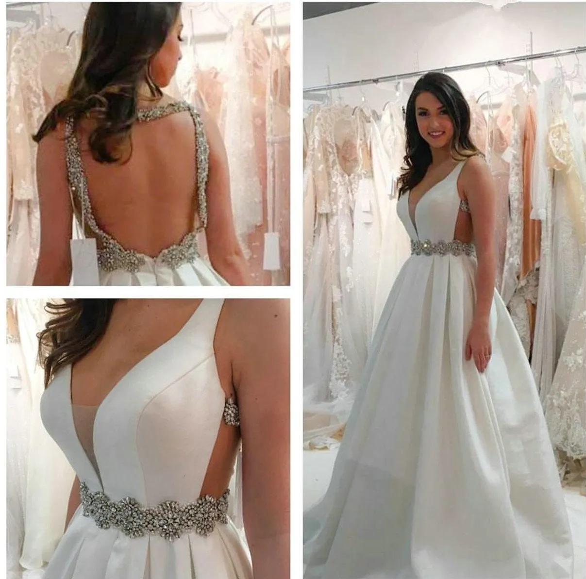 Sexy Satin Wedding Dresses with Beaded Belt Sexy New V-Neck Bridal Gowns Open Back
