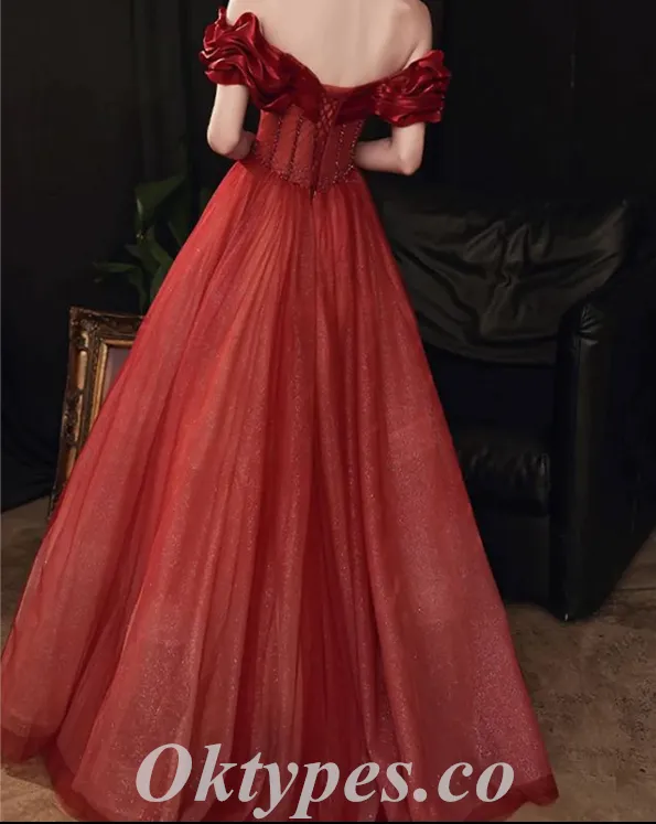 Sexy Shiny Rust Satin And Sequin Tulle Off Shoulder Sleeveless A-Line Long Prom Dresses,PDS0665