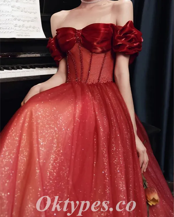 Sexy Shiny Rust Satin And Sequin Tulle Off Shoulder Sleeveless A-Line Long Prom Dresses,PDS0665