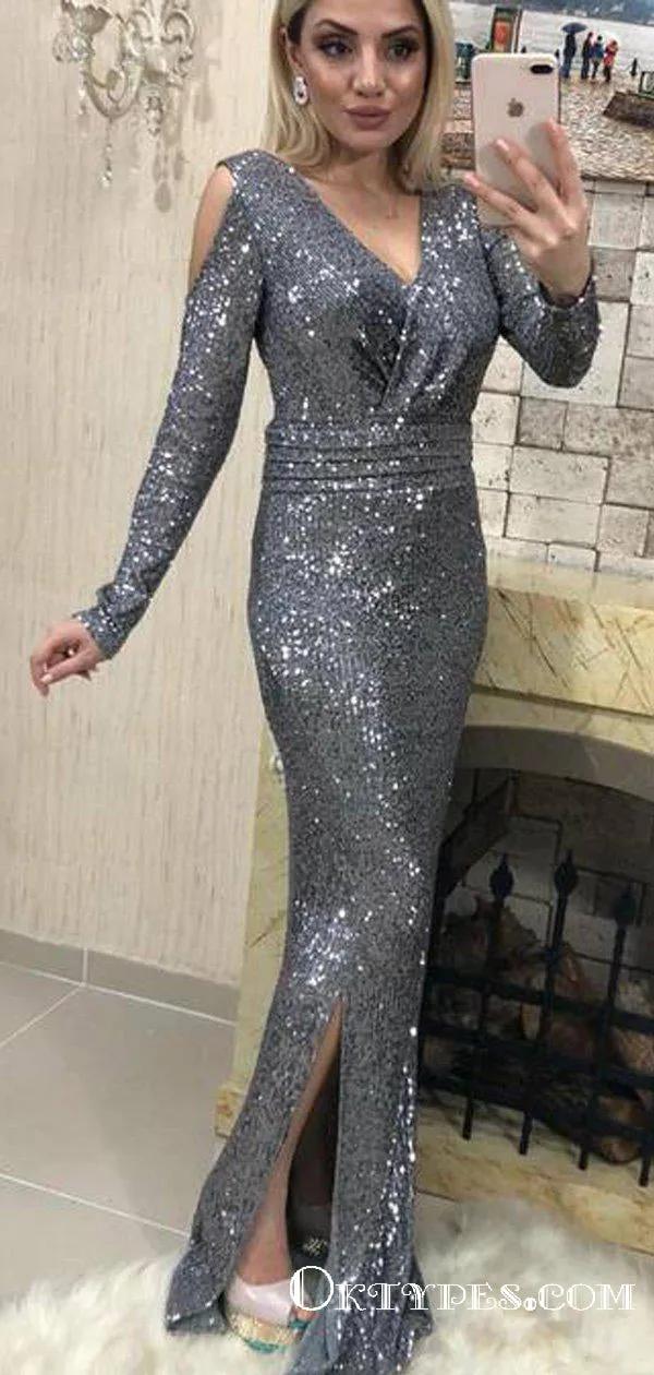 Sexy Sliver Sequin Long Sleeve V Neck Prom Dresses with Slit, TYP1843