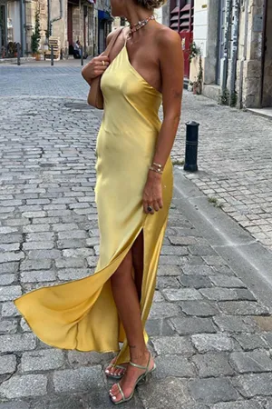 Sexy Solid Color Backless Slit Sloping Shoulder Long Dresses