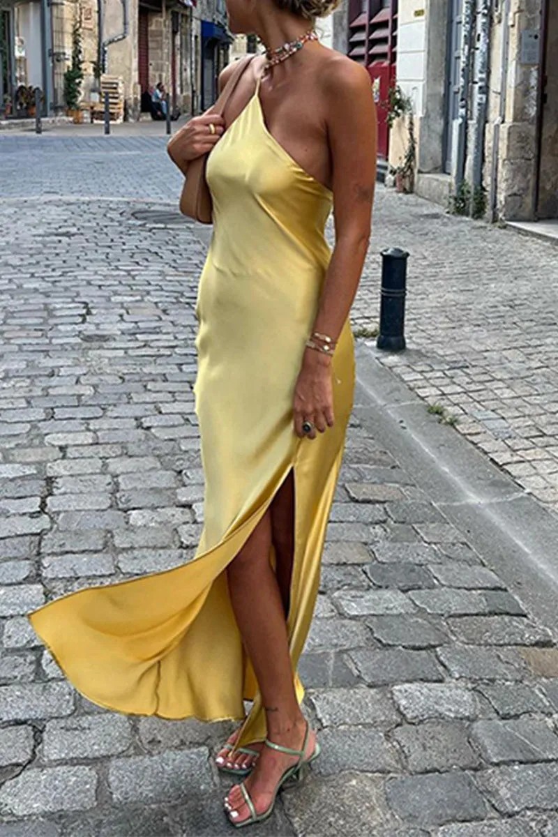 Sexy Solid Color Backless Slit Sloping Shoulder Long Dresses
