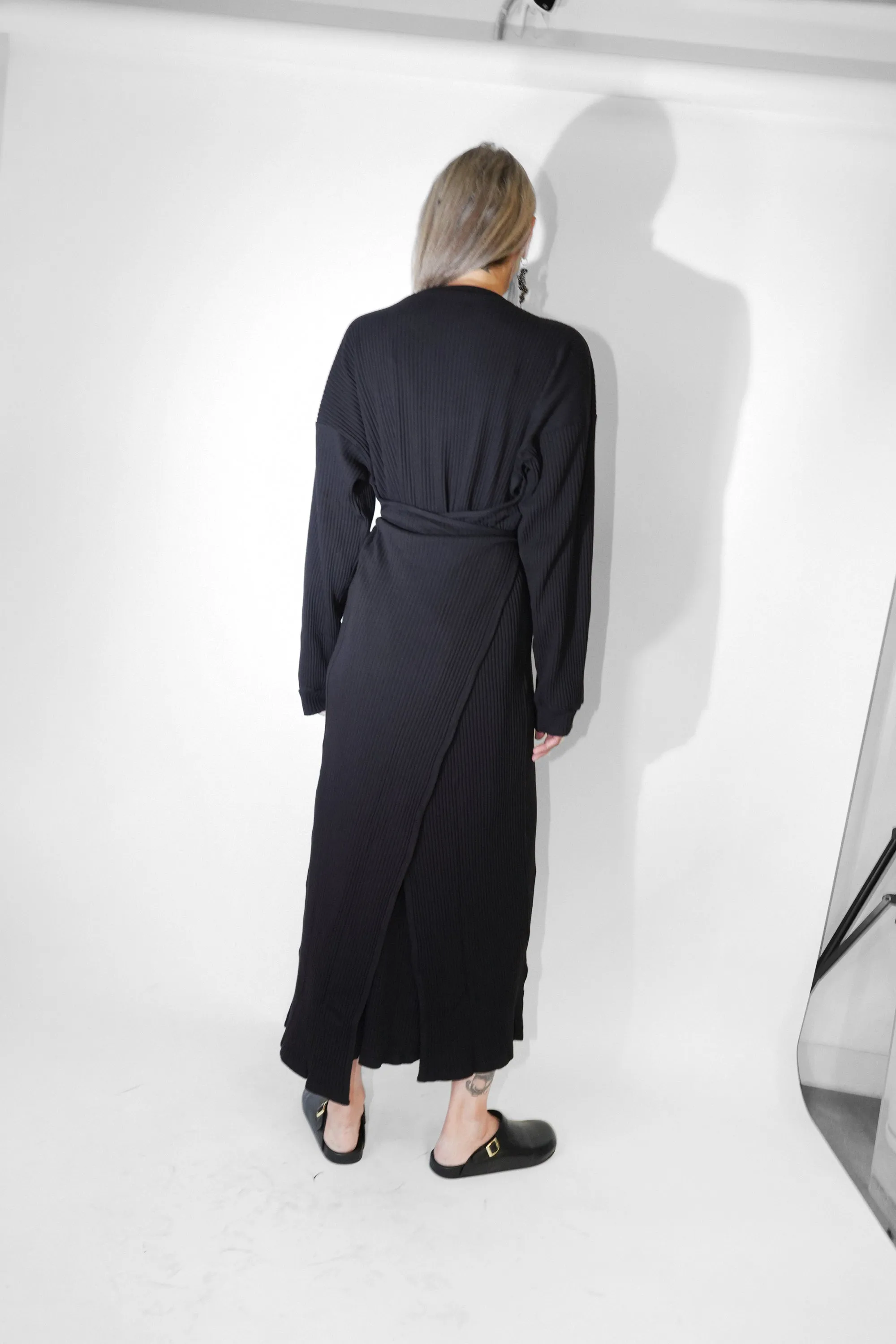 Shaw Long Sleeve Caftan in Black Organic Cotton Fleece