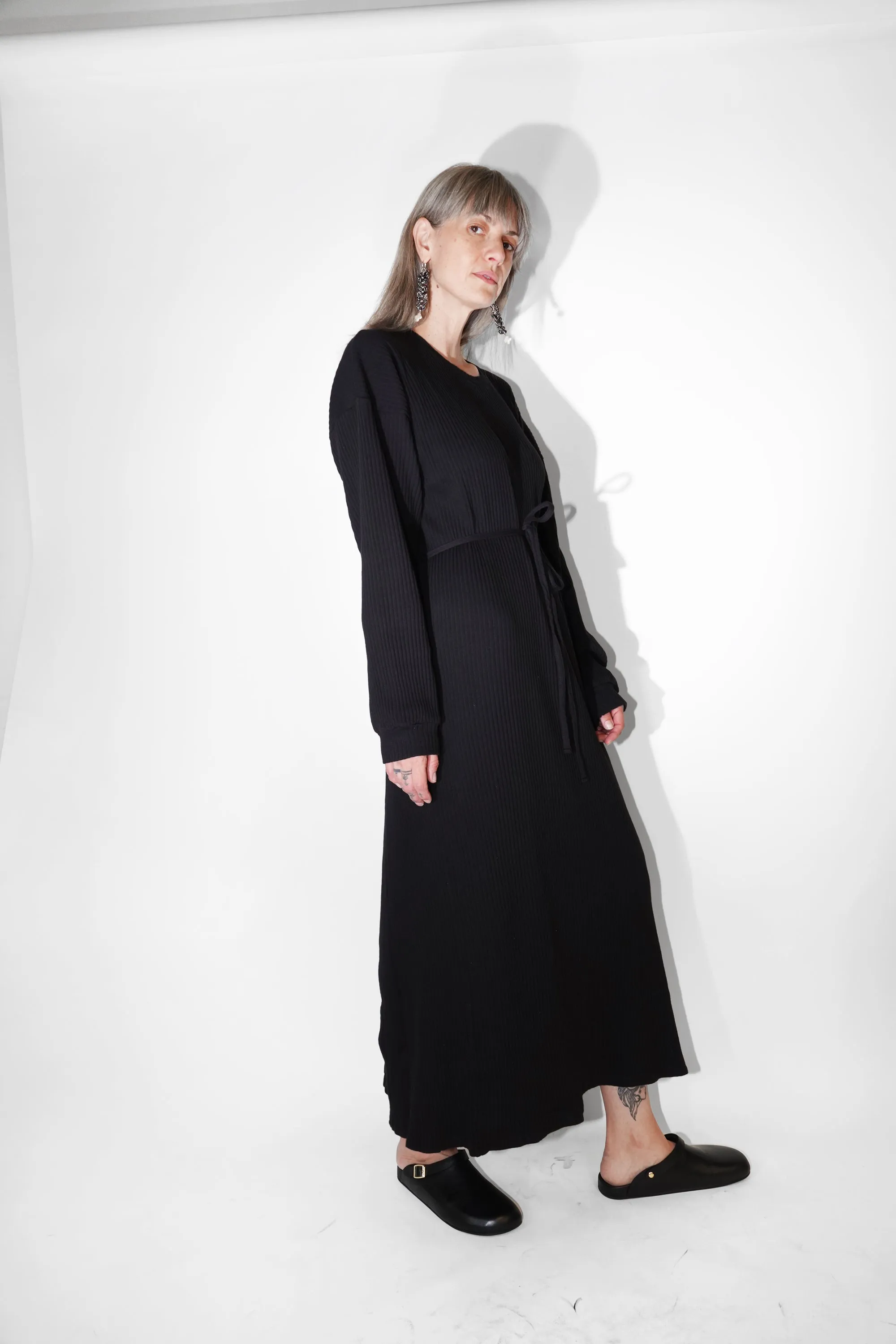 Shaw Long Sleeve Caftan in Black Organic Cotton Fleece