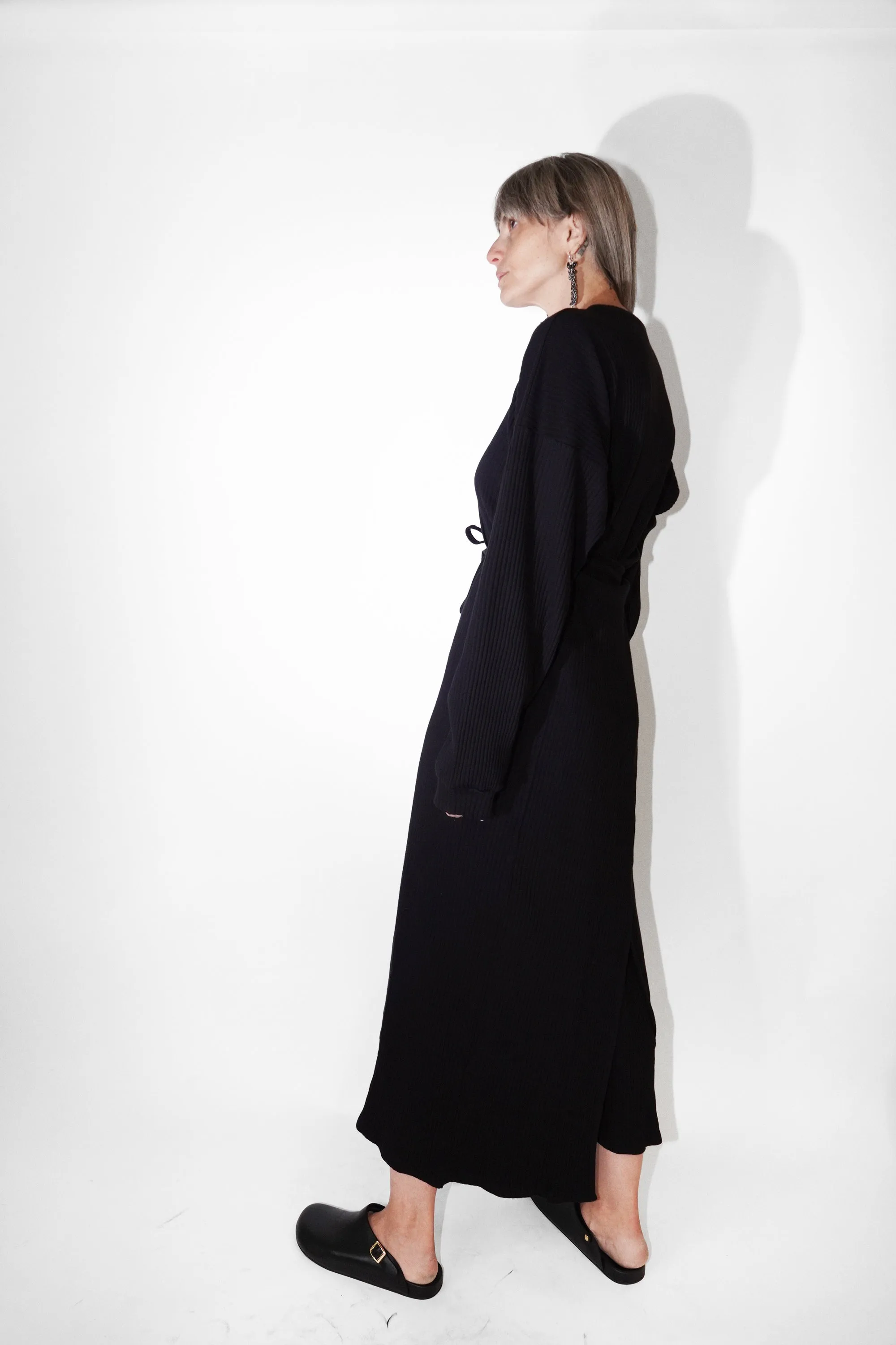 Shaw Long Sleeve Caftan in Black Organic Cotton Fleece