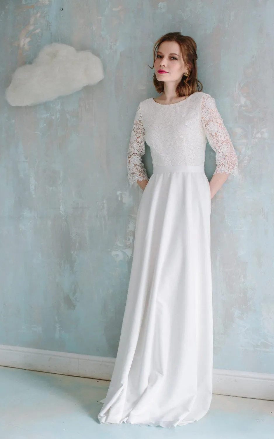 Sheath Half Sleeve Lace Vintage Style Dress With Low-V Back-711641