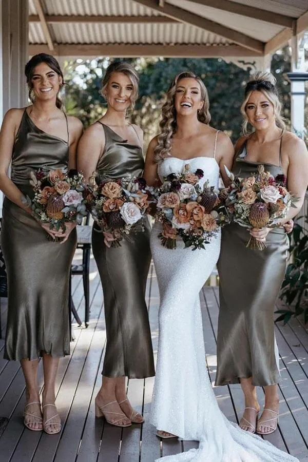 Sheath Taffeta Tea Length Spaghetti Straps Sleeveless Bridesmaid Dress, MBD203