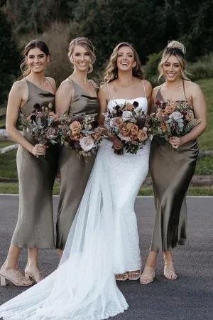 Sheath Taffeta Tea Length Spaghetti Straps Sleeveless Bridesmaid Dress, MBD203