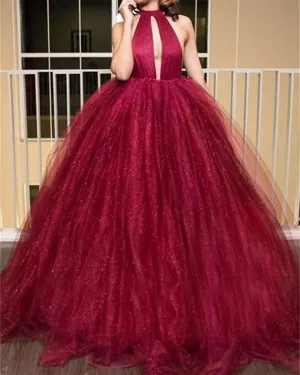 Shiny Burgundy Quinceanera Dresses with Halter 2018 Quince Puffy Ball Gown Elegant Sweet 16 Dress