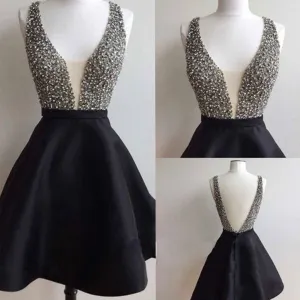 Short black mismatched  open back sexy freshman homecoming prom dress,BD0050