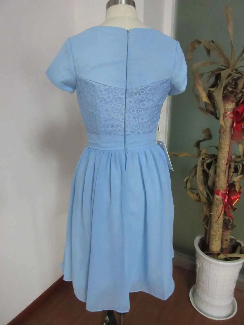Short Sleeve Knee-length Dress With Lace Embellishment-309337