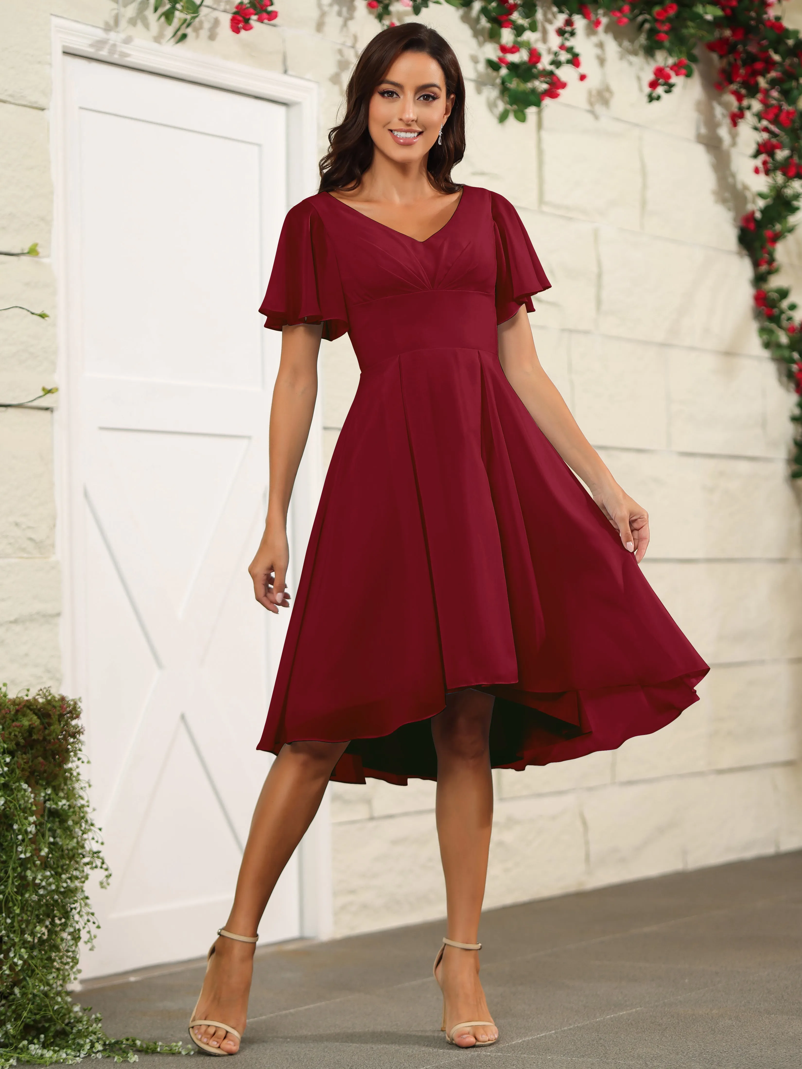 Short Sleeves Chiffon V Neck Knee Length Bridesmaid Dresses
