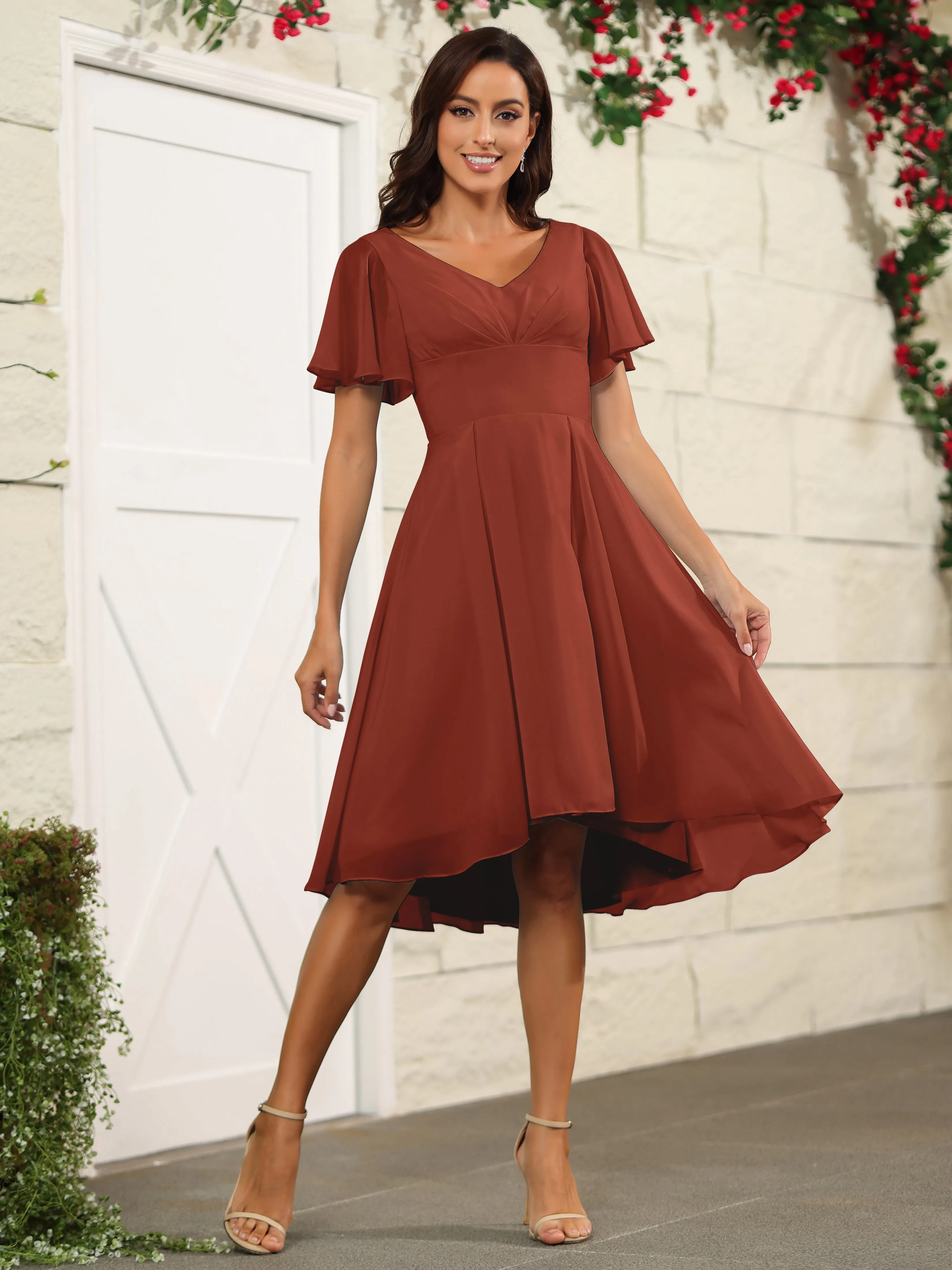 Short Sleeves Chiffon V Neck Knee Length Bridesmaid Dresses