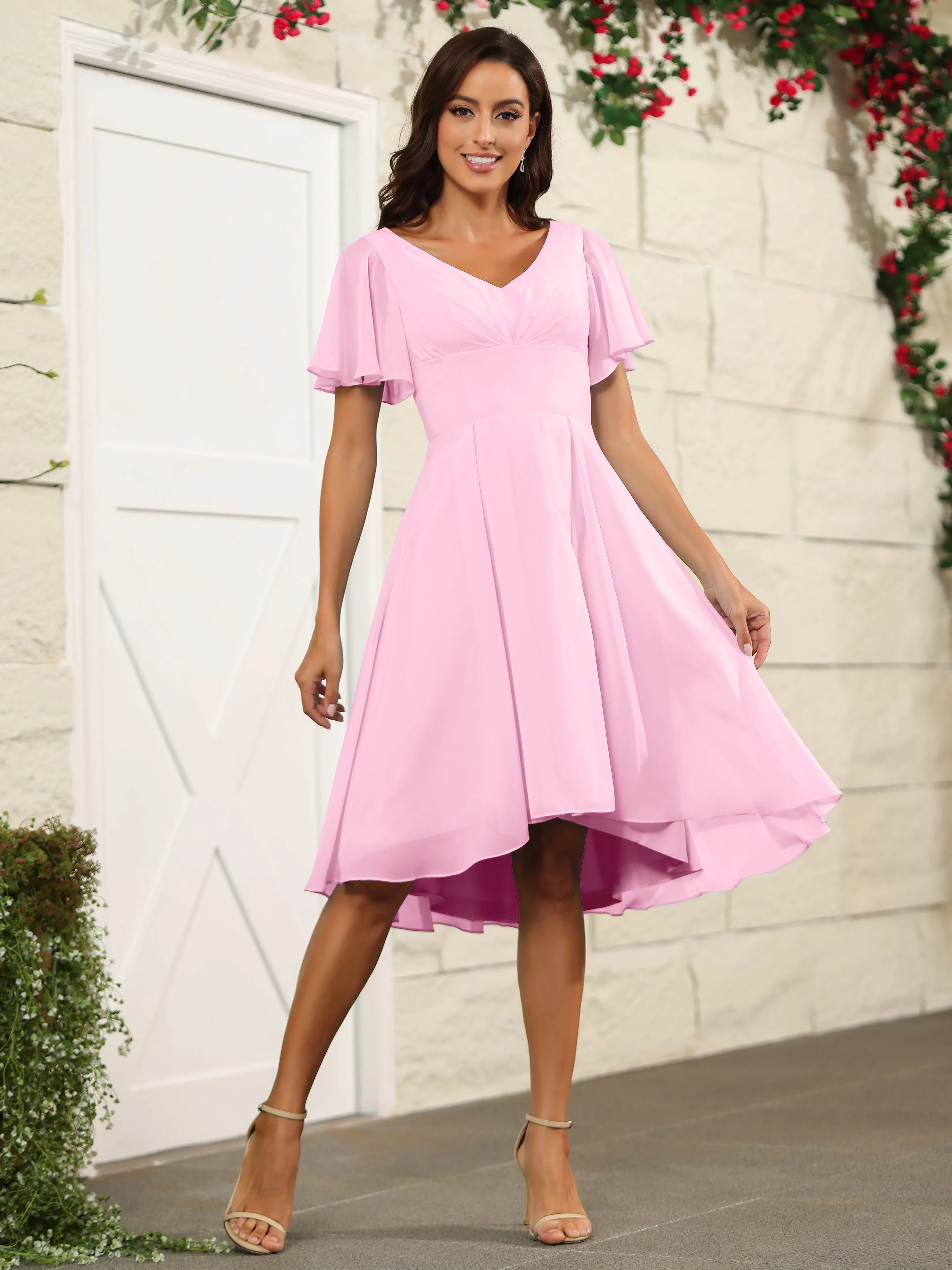 Short Sleeves Chiffon V Neck Knee Length Bridesmaid Dresses