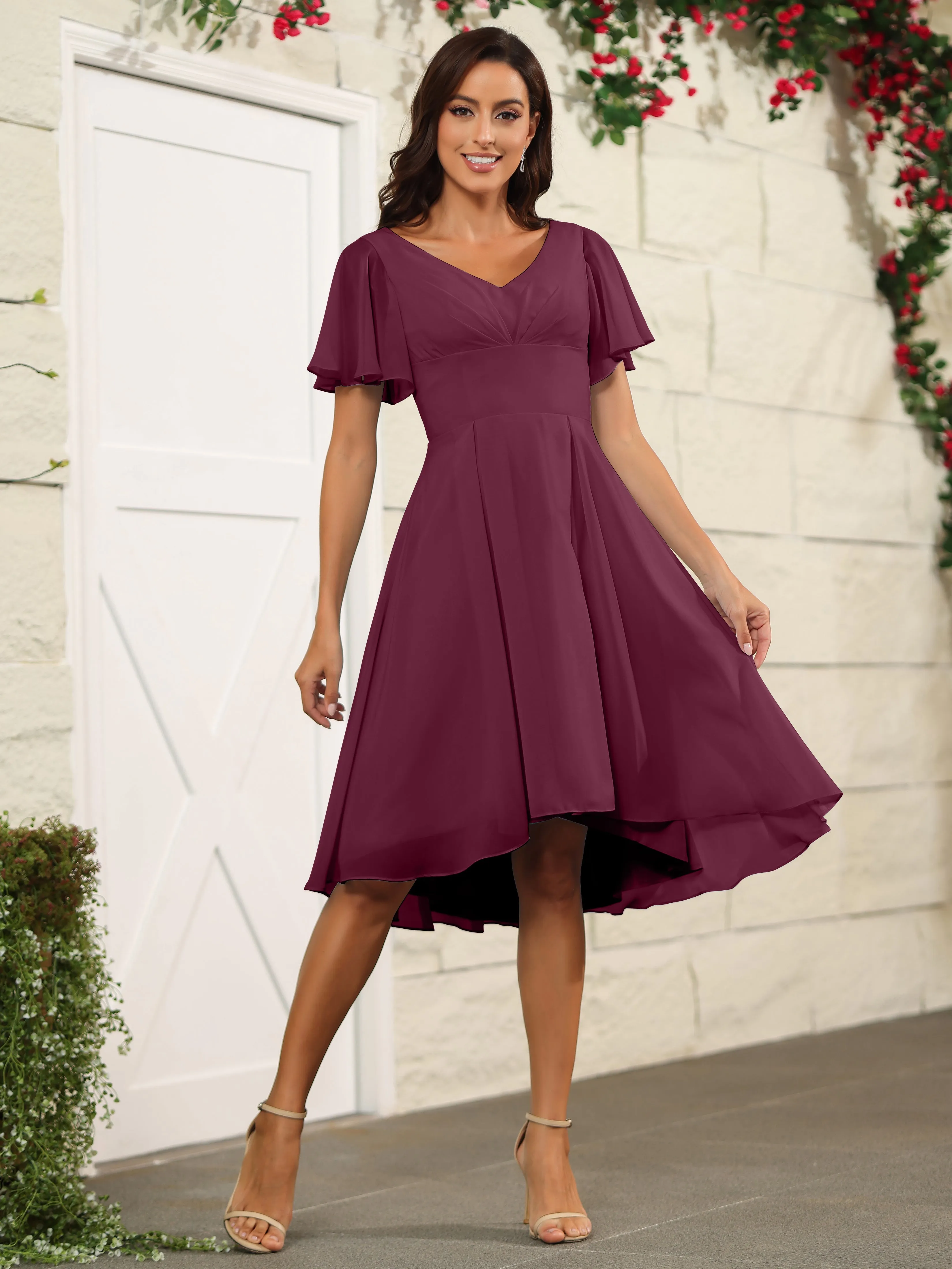 Short Sleeves Chiffon V Neck Knee Length Bridesmaid Dresses
