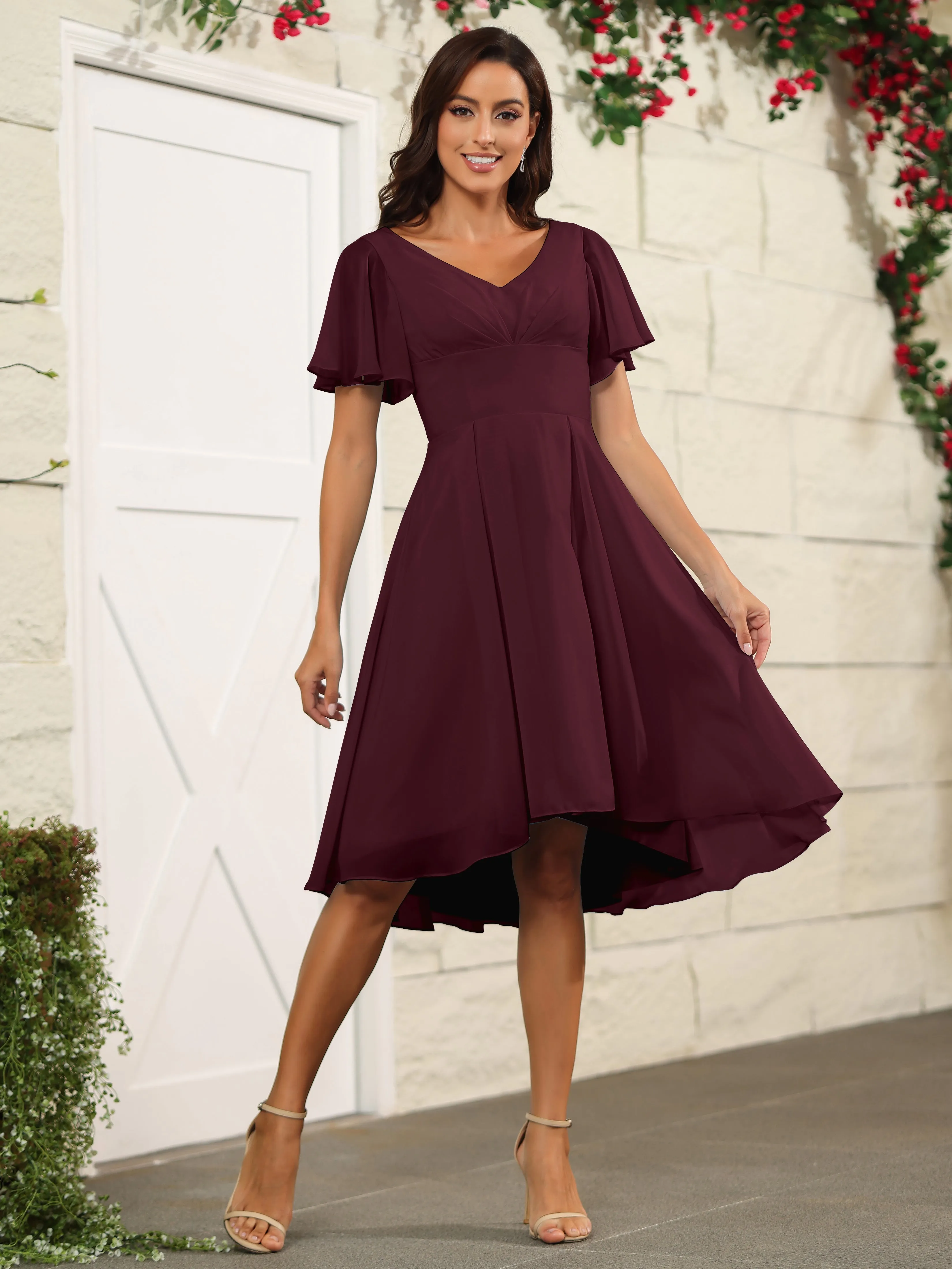 Short Sleeves Chiffon V Neck Knee Length Bridesmaid Dresses