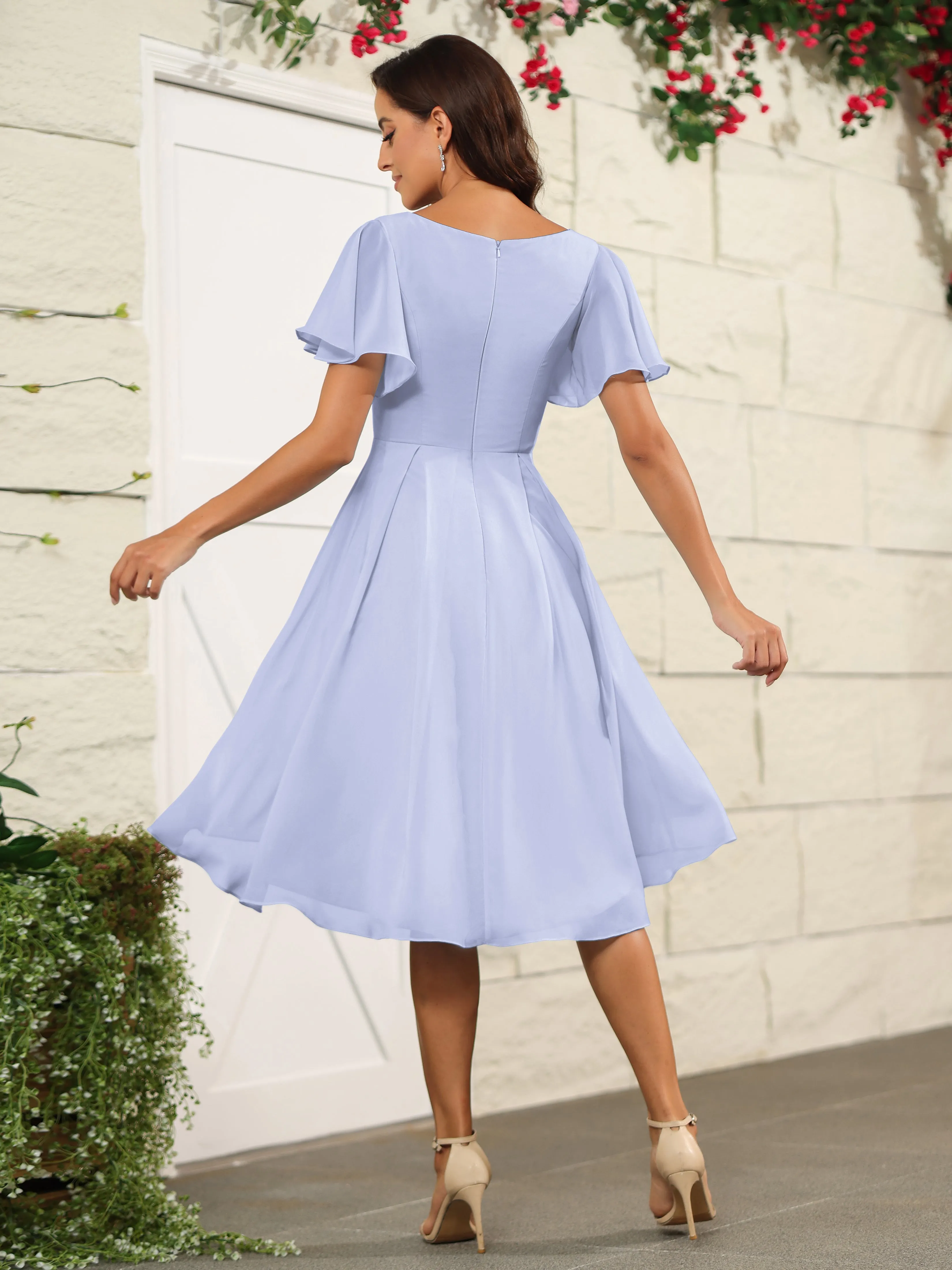 Short Sleeves Chiffon V Neck Knee Length Bridesmaid Dresses