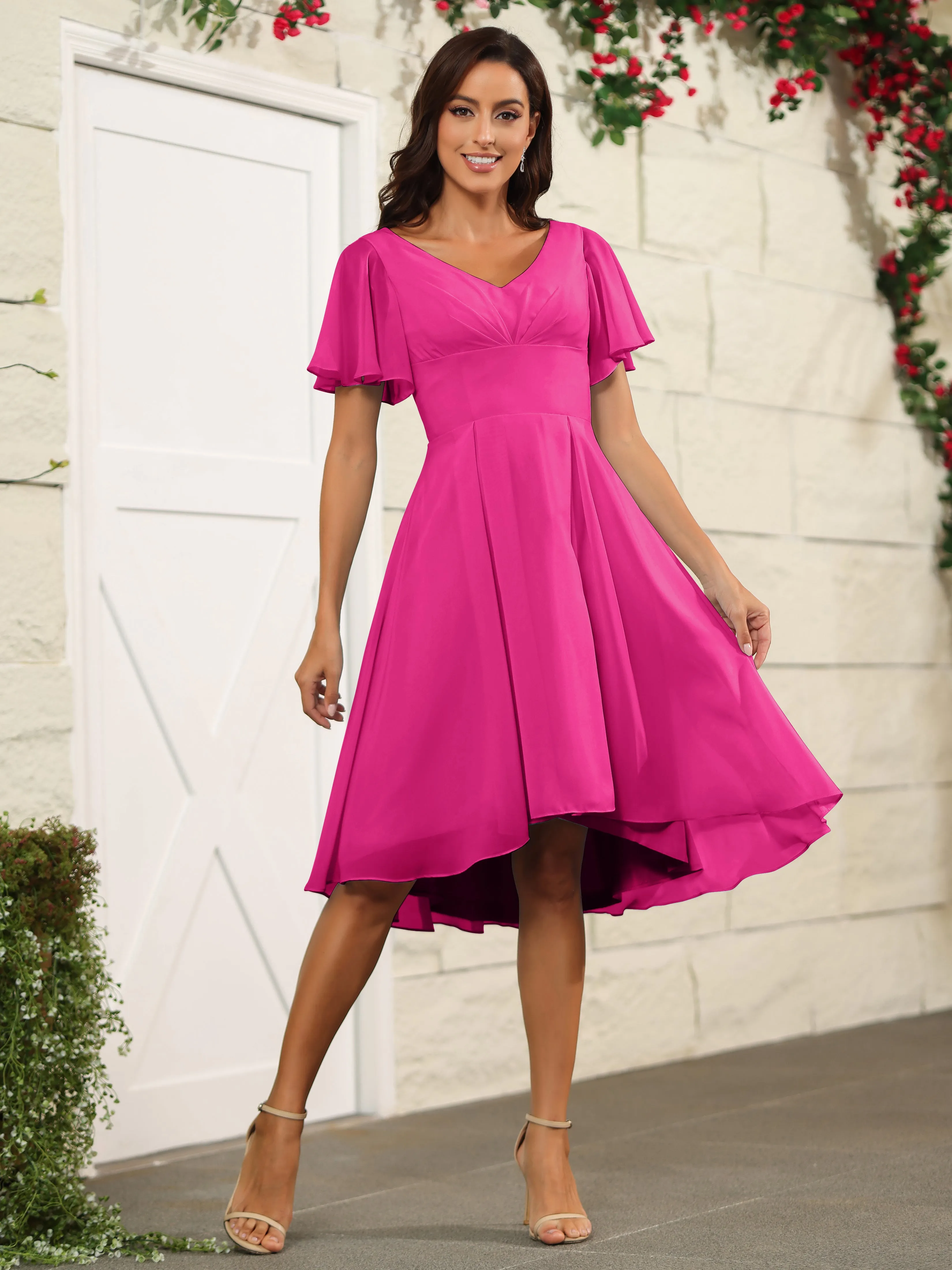 Short Sleeves Chiffon V Neck Knee Length Bridesmaid Dresses