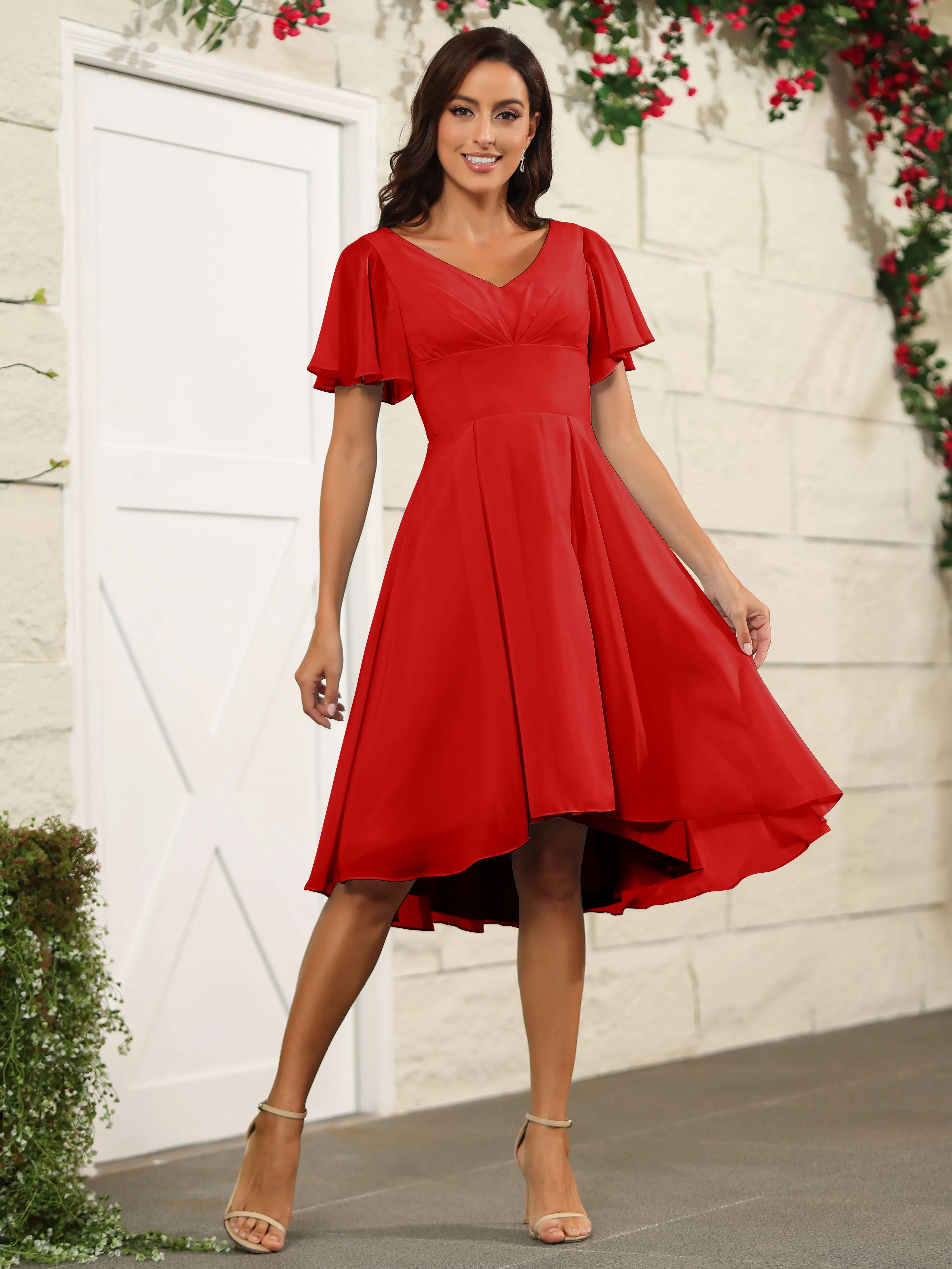 Short Sleeves Chiffon V Neck Knee Length Bridesmaid Dresses