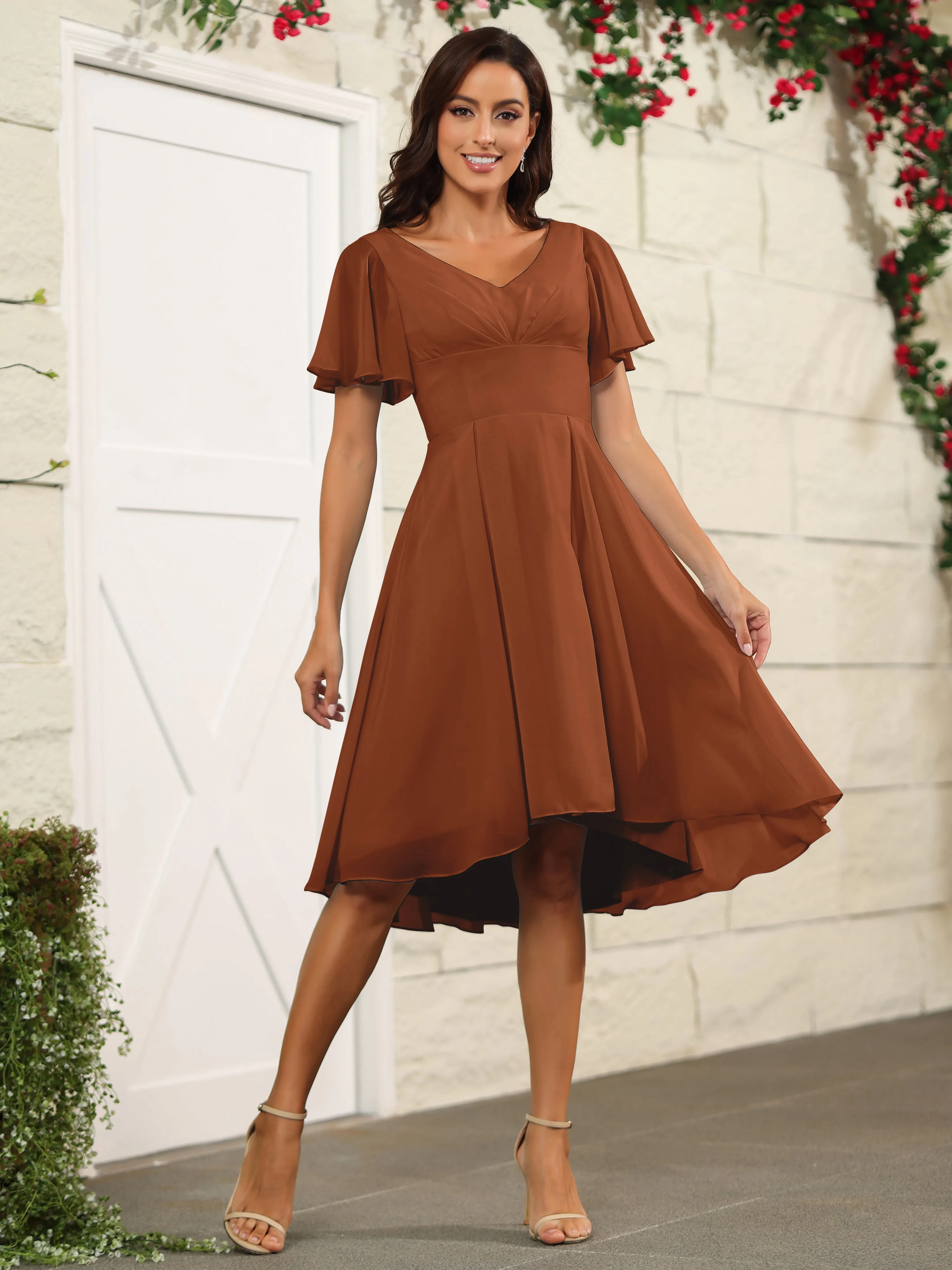 Short Sleeves Chiffon V Neck Knee Length Bridesmaid Dresses