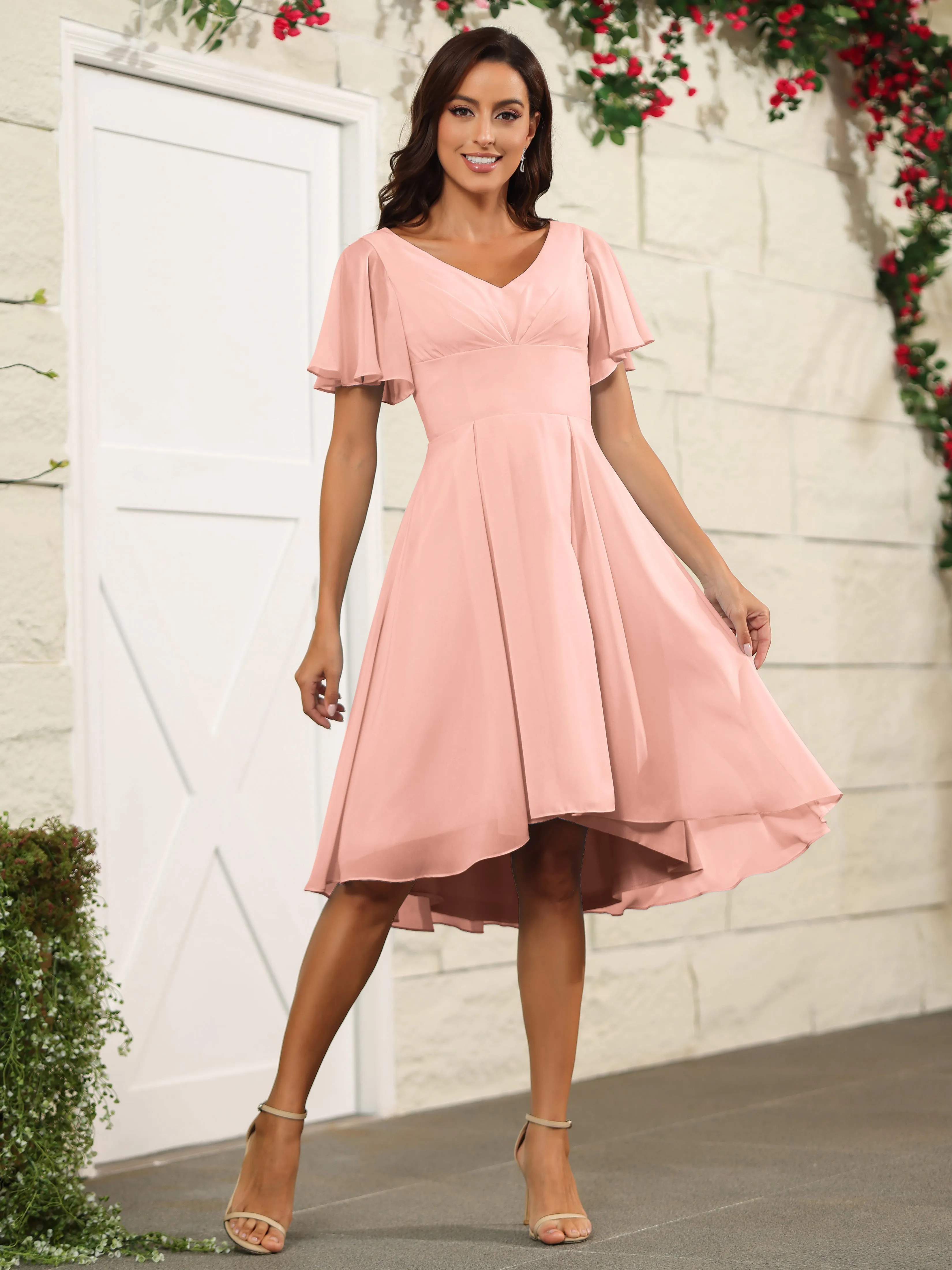 Short Sleeves Chiffon V Neck Knee Length Bridesmaid Dresses