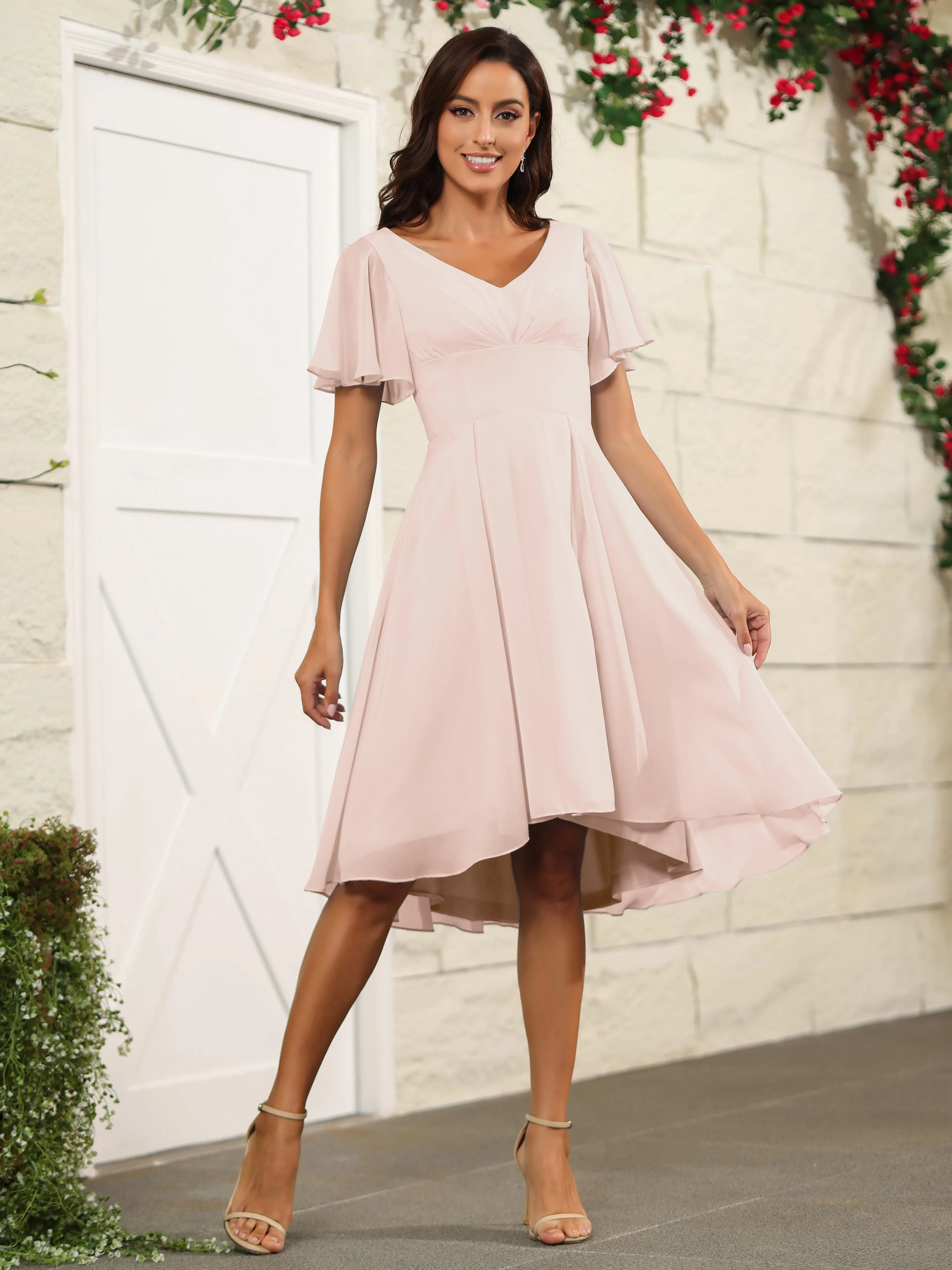 Short Sleeves Chiffon V Neck Knee Length Bridesmaid Dresses