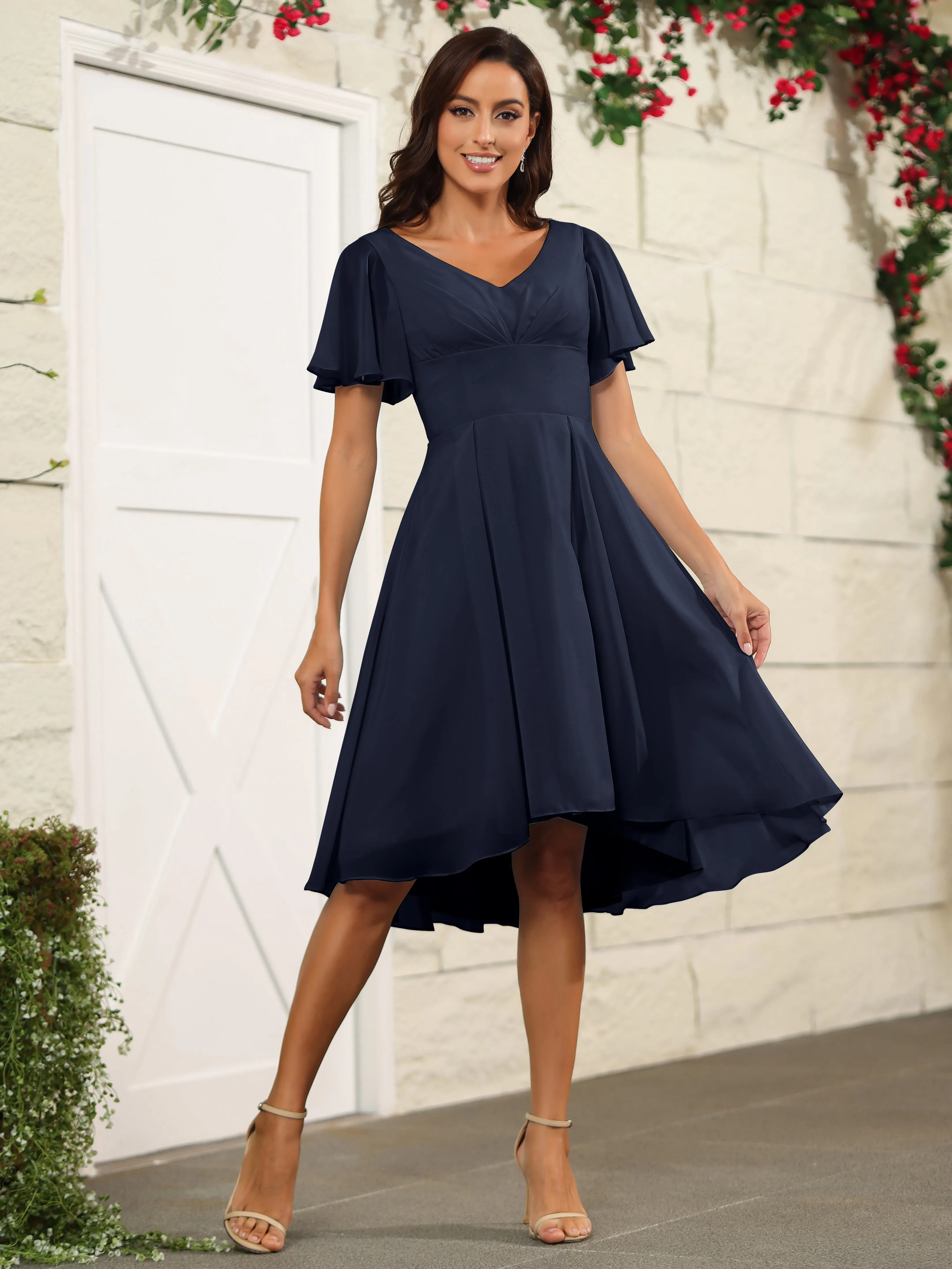 Short Sleeves Chiffon V Neck Knee Length Bridesmaid Dresses