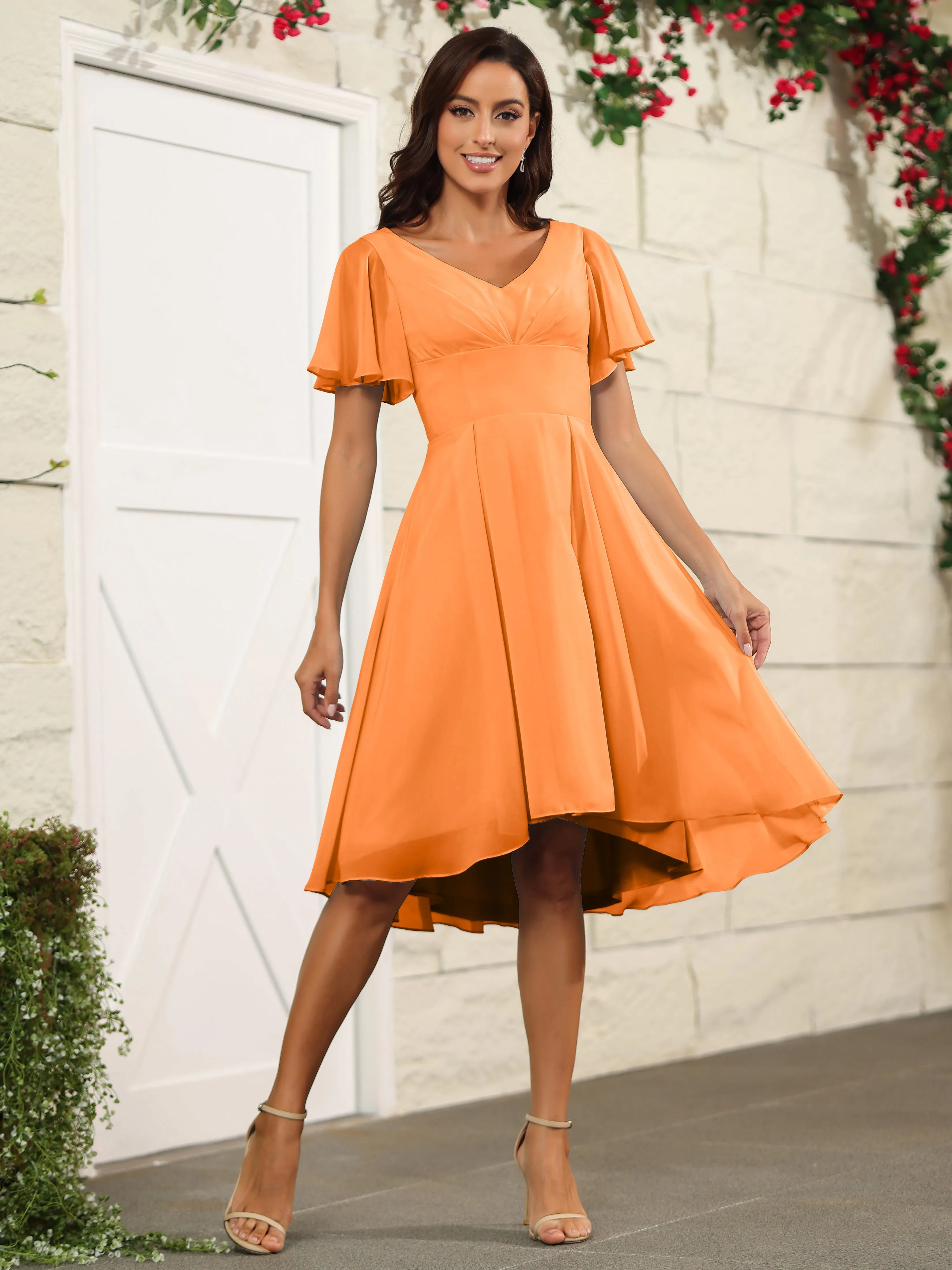 Short Sleeves Chiffon V Neck Knee Length Bridesmaid Dresses