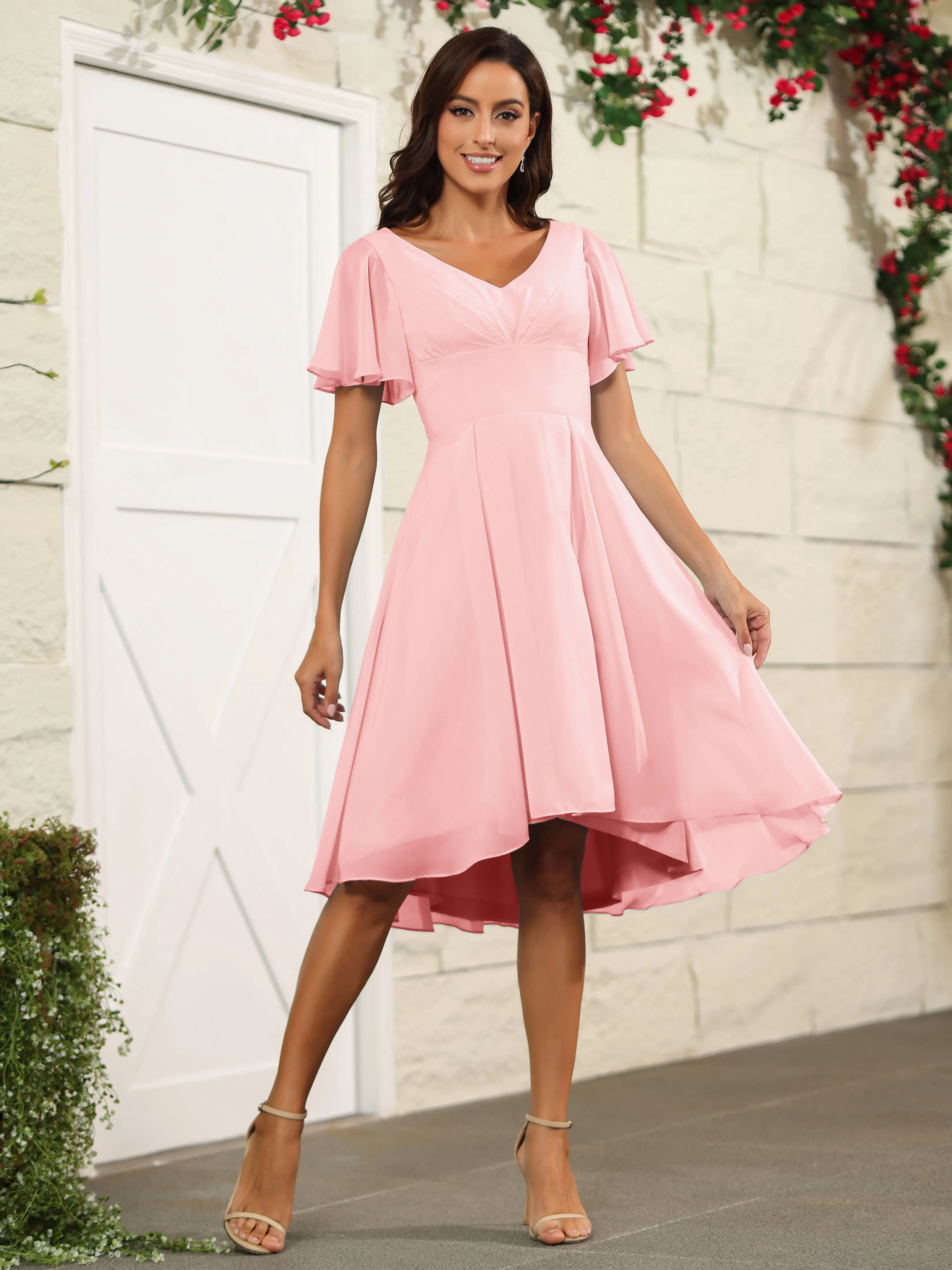 Short Sleeves Chiffon V Neck Knee Length Bridesmaid Dresses