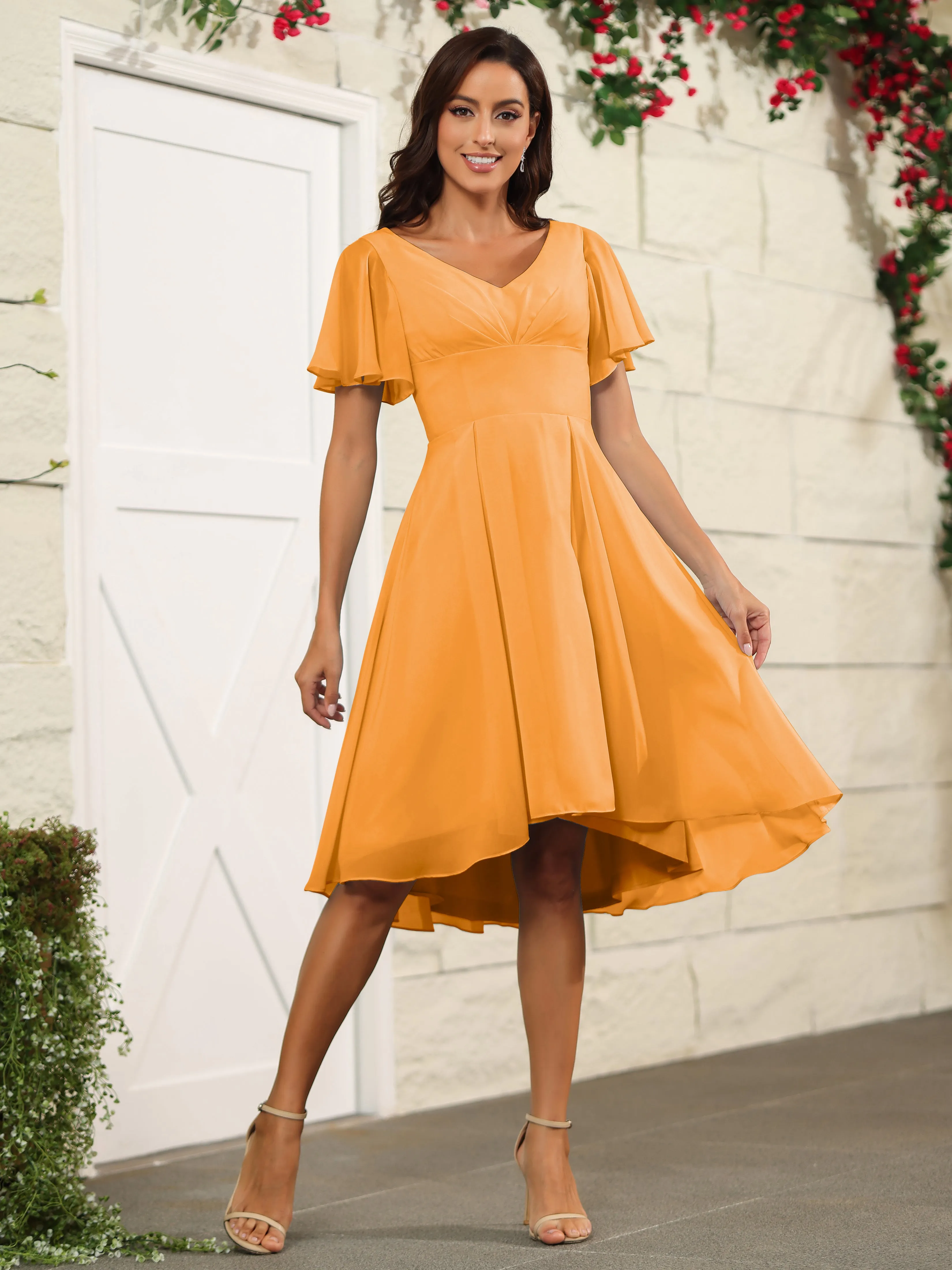 Short Sleeves Chiffon V Neck Knee Length Bridesmaid Dresses